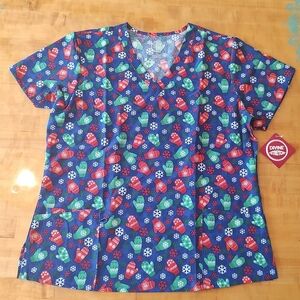Women's Size XL Short Sleeve Scrub Snow Mittens Gloves Christmas Pattern Blue